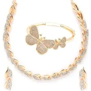 ZENEME American Diamond Studded Leaf Shaped Necklace With Earring and Butterfly Shaped Bracelete Jewellery Shaped For Women and Girl