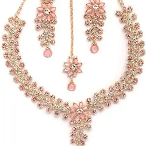 Sukkhi Charming AD Diamonds Studded Floral Choker Necklace with Danlge Earrings Maangtikka Jewellery Set for Women & Girls